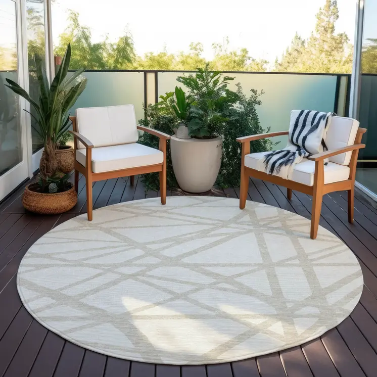 8' Ivory And Beige Round Geometric Washable Indoor Outdoor Area Rug