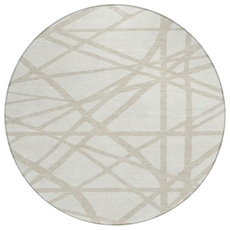 8' Ivory And Beige Round Geometric Washable Indoor Outdoor Area Rug