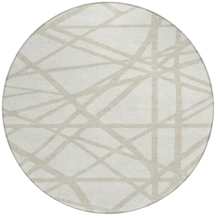 8' Ivory And Beige Round Geometric Washable Indoor Outdoor Area Rug