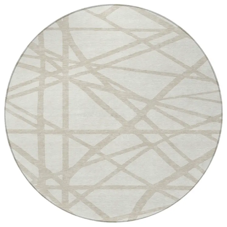 8' Ivory And Beige Round Geometric Washable Indoor Outdoor Area Rug