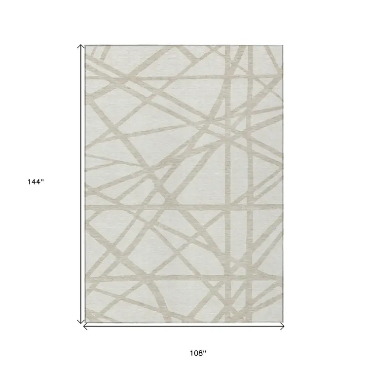 9' X 12' Ivory And Beige Geometric Washable Indoor Outdoor Area Rug