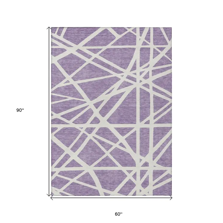 5' X 8' Lavender And Ivory Geometric Washable Indoor Outdoor Area Rug