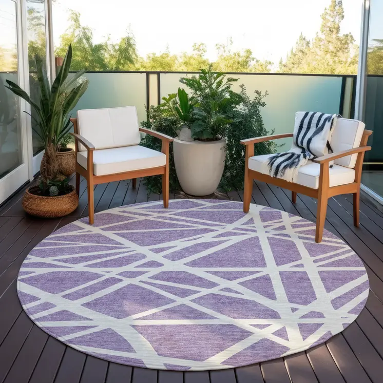 8' Lavender And Ivory Round Geometric Washable Indoor Outdoor Area Rug