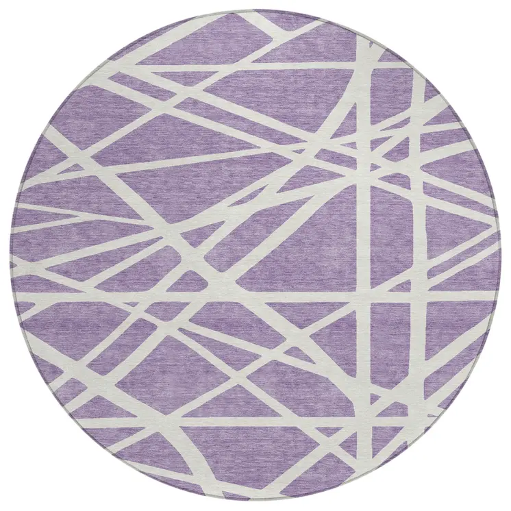 8' Lavender And Ivory Round Geometric Washable Indoor Outdoor Area Rug