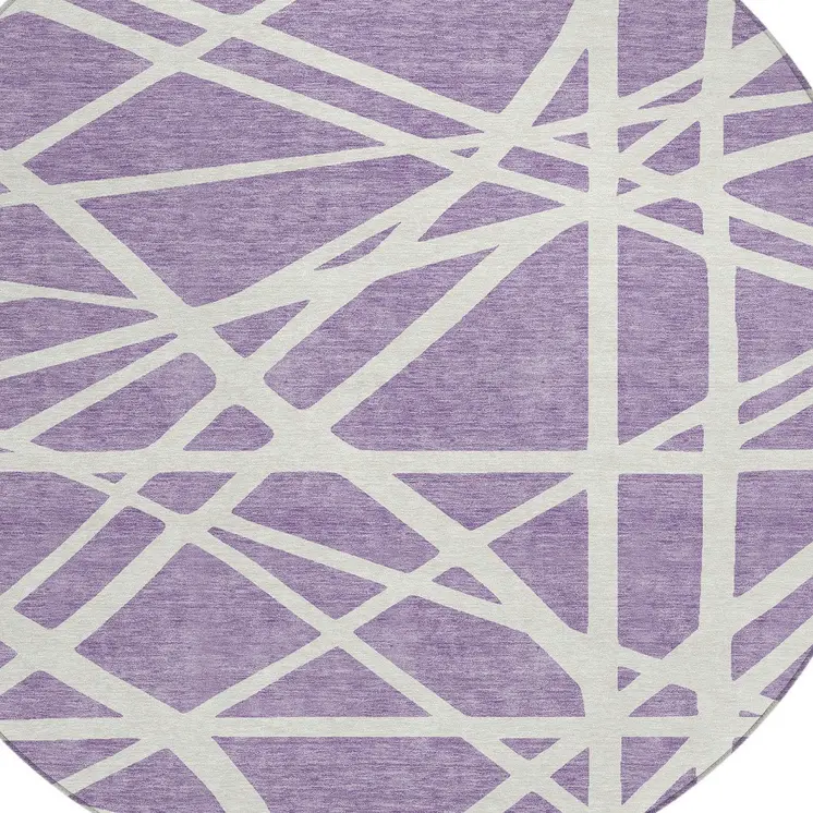 8' Lavender And Ivory Round Geometric Washable Indoor Outdoor Area Rug
