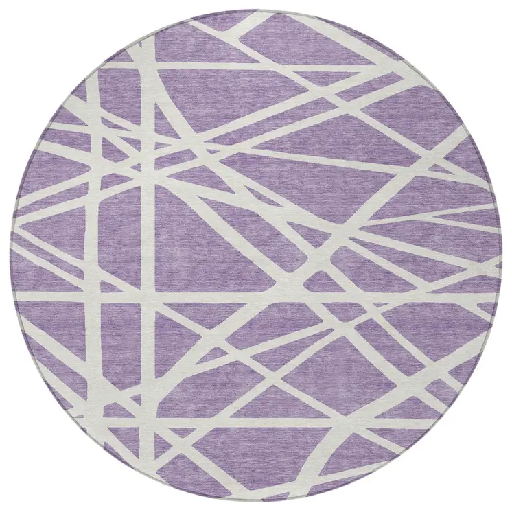 8' Lavender And Ivory Round Geometric Washable Indoor Outdoor Area Rug