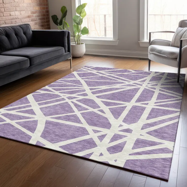 8' X 10' Lavender And Ivory Geometric Washable Indoor Outdoor Area Rug