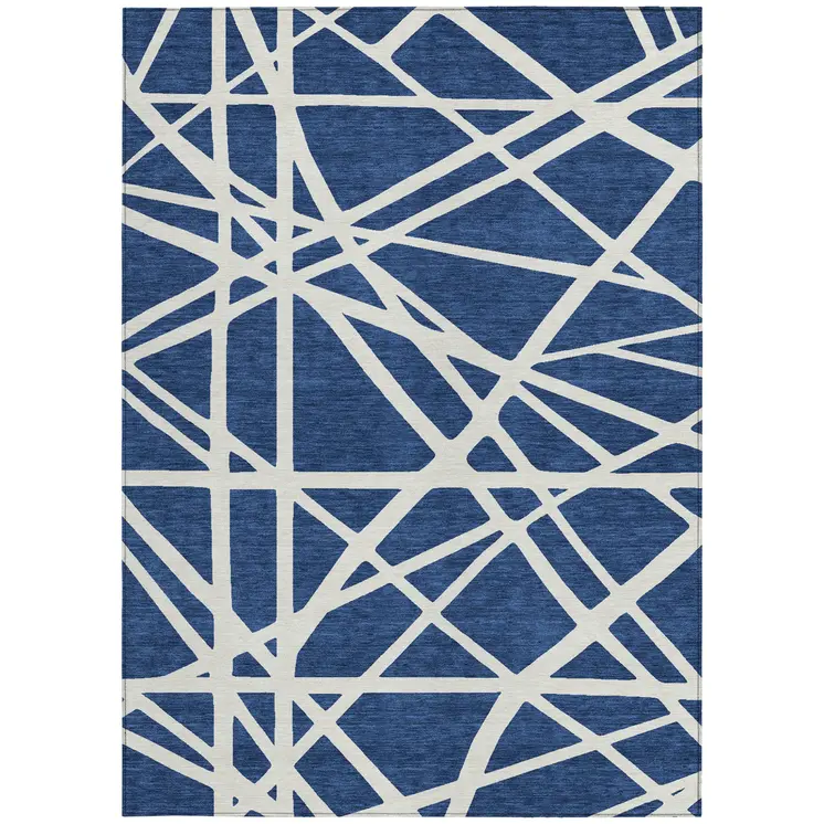 3' X 5' Navy Blue And Ivory Geometric Washable Indoor Outdoor Area Rug