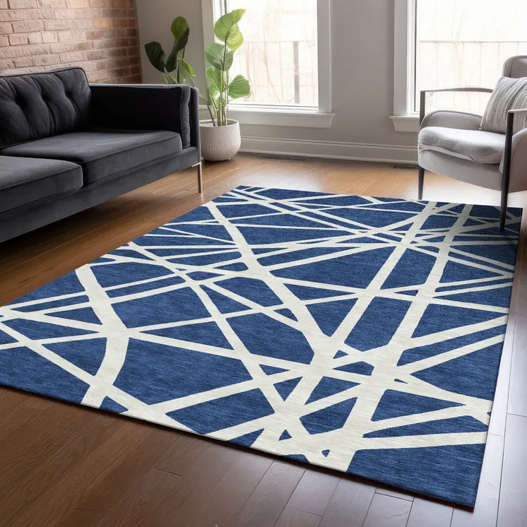3' X 5' Navy Blue And Ivory Geometric Washable Indoor Outdoor Area Rug