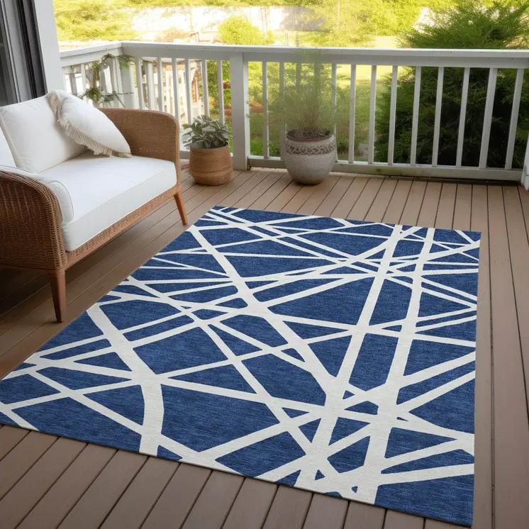 8' X 10' Navy Blue And Ivory Geometric Washable Indoor Outdoor Area Rug