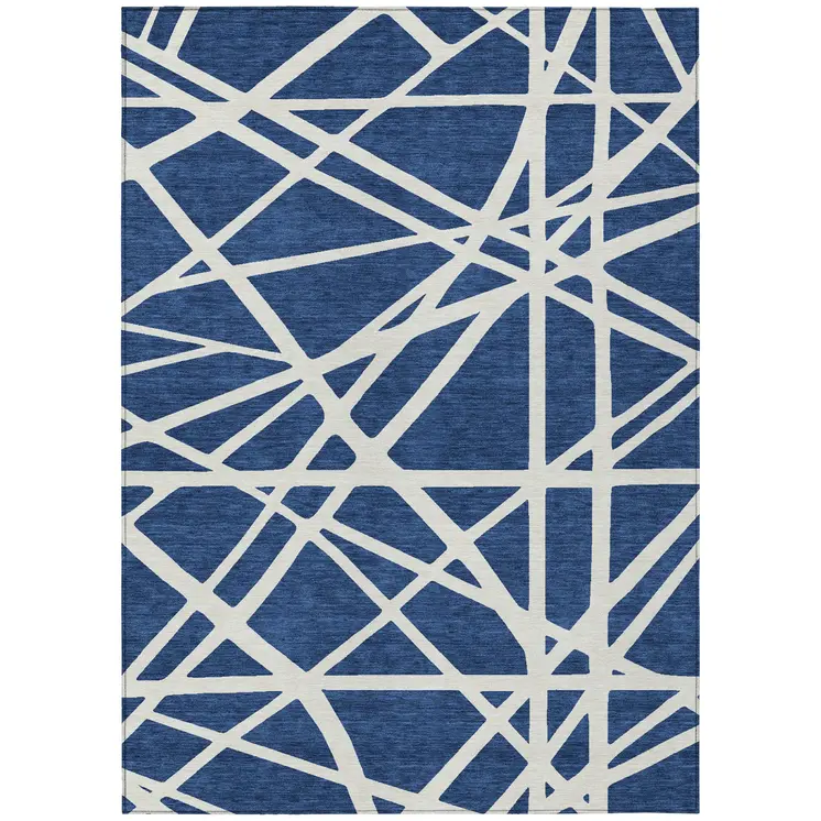 8' X 10' Navy Blue And Ivory Geometric Washable Indoor Outdoor Area Rug