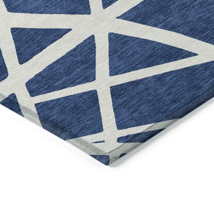 8' X 10' Navy Blue And Ivory Geometric Washable Indoor Outdoor Area Rug