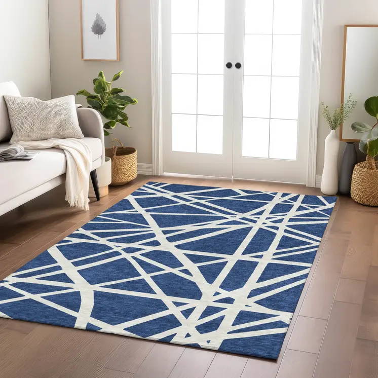 10' X 14' Navy Blue And Ivory Geometric Washable Indoor Outdoor Area Rug