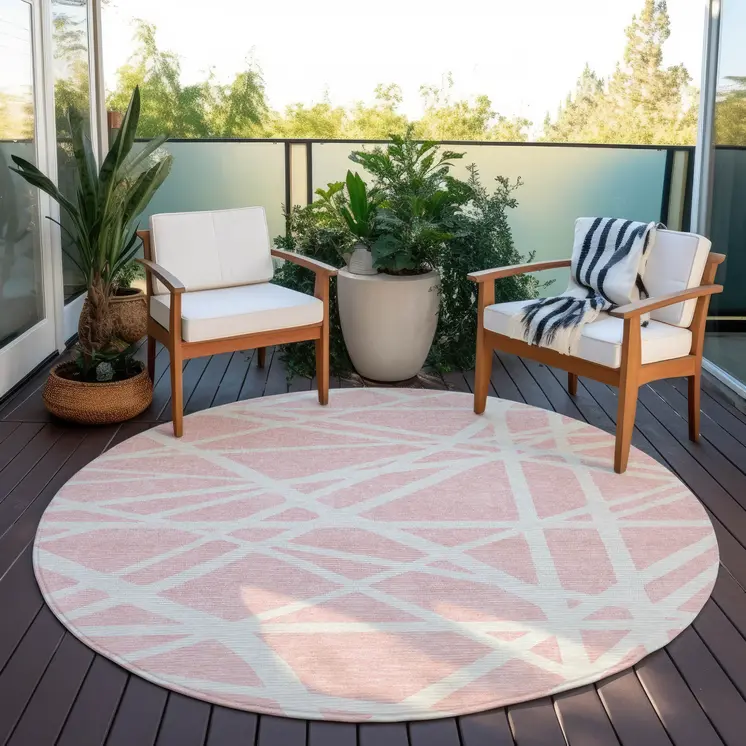 8' Pink And Gray Round Geometric Washable Indoor Outdoor Area Rug