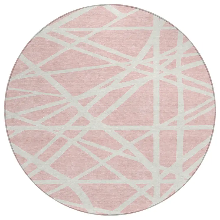 8' Pink And Gray Round Geometric Washable Indoor Outdoor Area Rug