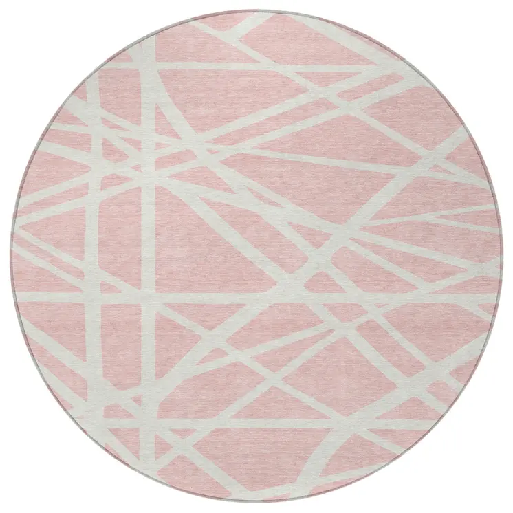 8' Pink And Gray Round Geometric Washable Indoor Outdoor Area Rug