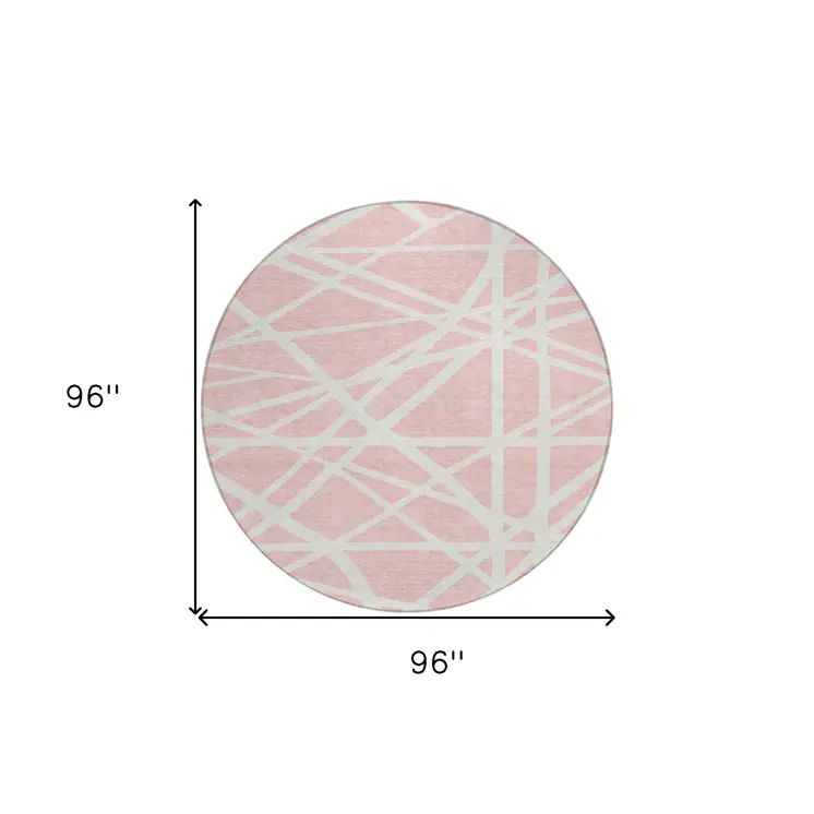 8' Pink And Gray Round Geometric Washable Indoor Outdoor Area Rug