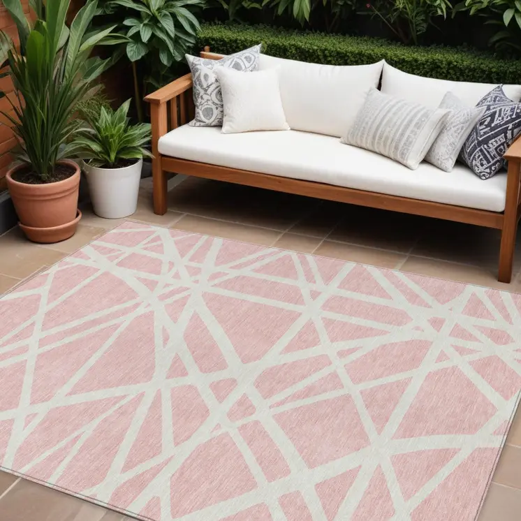9' X 12' Pink And Gray Geometric Washable Indoor Outdoor Area Rug