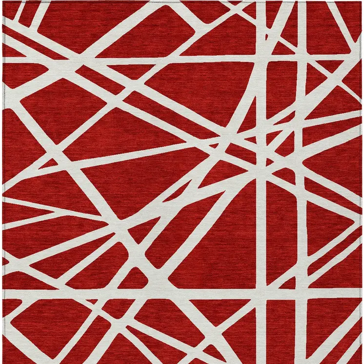 3' X 5' Red And Ivory Geometric Washable Indoor Outdoor Area Rug