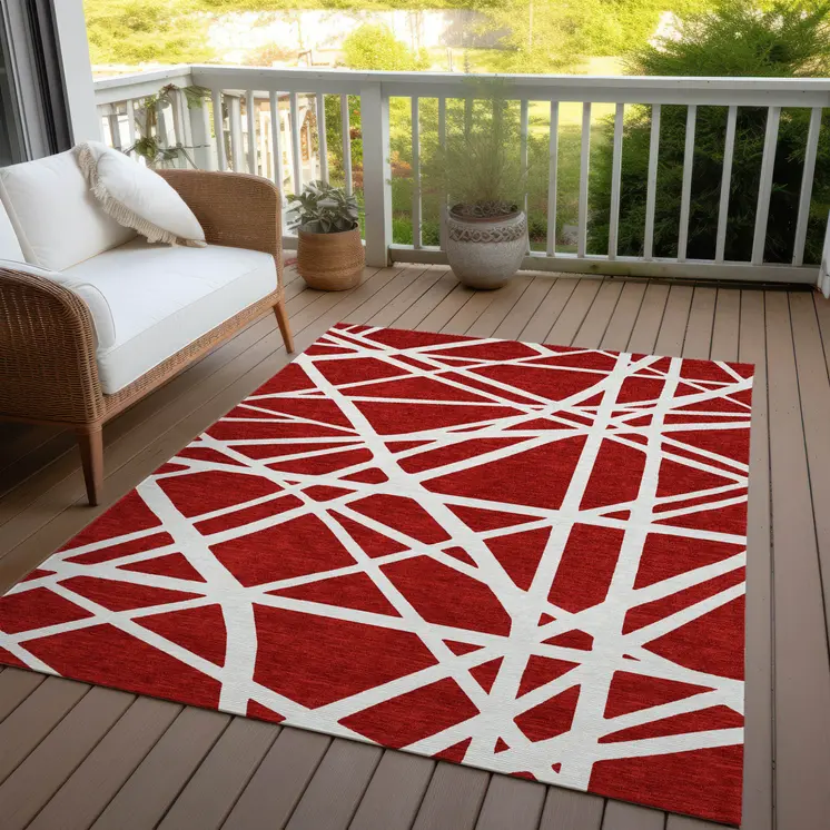 3' X 5' Red And Ivory Geometric Washable Indoor Outdoor Area Rug
