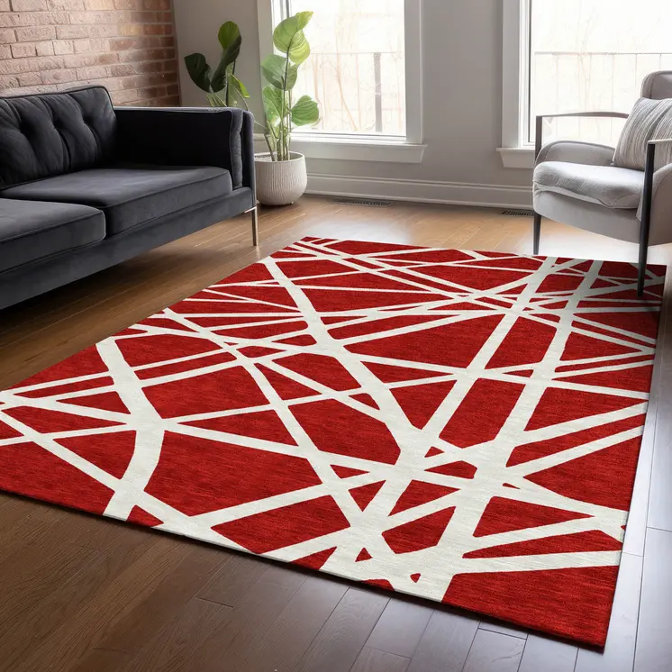 3' X 5' Red And Ivory Geometric Washable Indoor Outdoor Area Rug