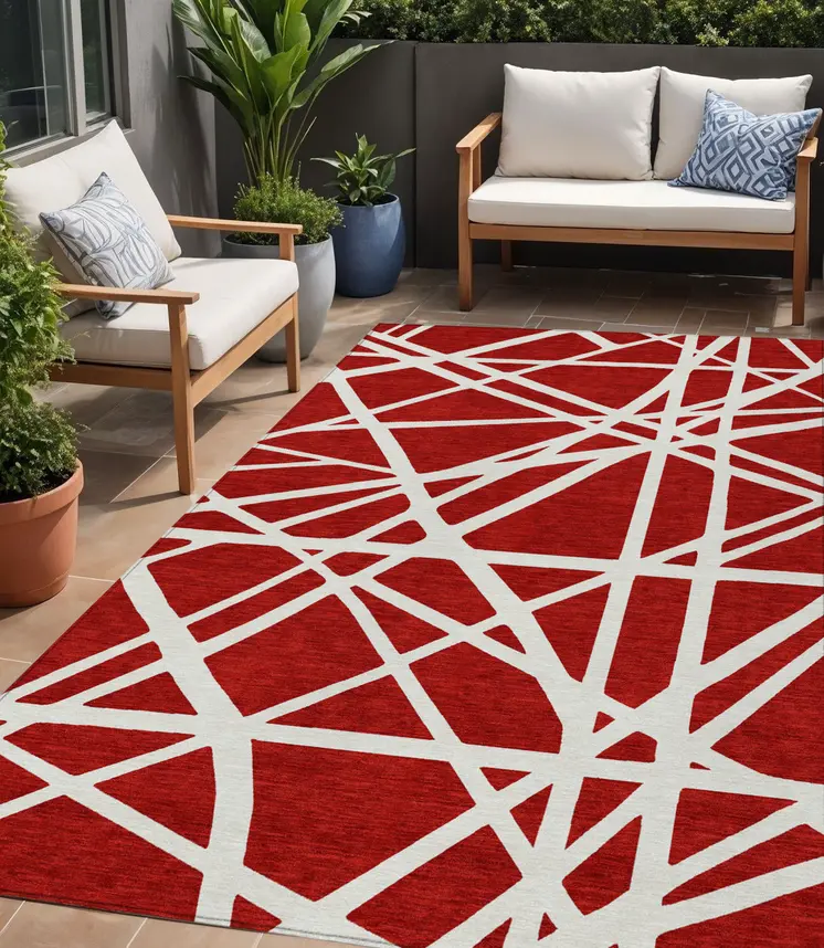 5' X 8' Red And Ivory Geometric Washable Indoor Outdoor Area Rug