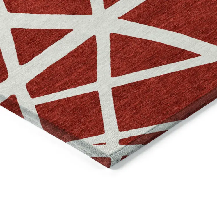 5' X 8' Red And Ivory Geometric Washable Indoor Outdoor Area Rug