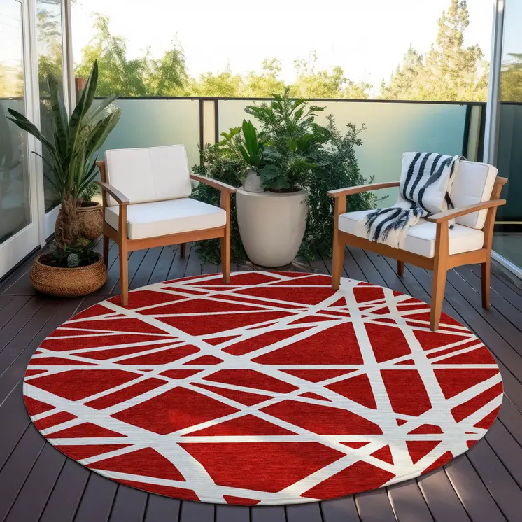 8' Red And Ivory Round Geometric Washable Indoor Outdoor Area Rug
