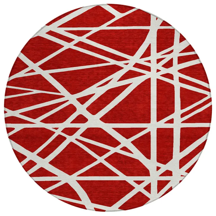 8' Red And Ivory Round Geometric Washable Indoor Outdoor Area Rug