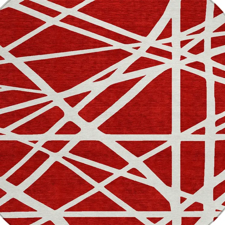 8' Red And Ivory Round Geometric Washable Indoor Outdoor Area Rug