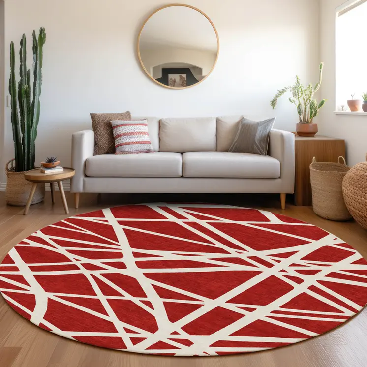 8' Red And Ivory Round Geometric Washable Indoor Outdoor Area Rug