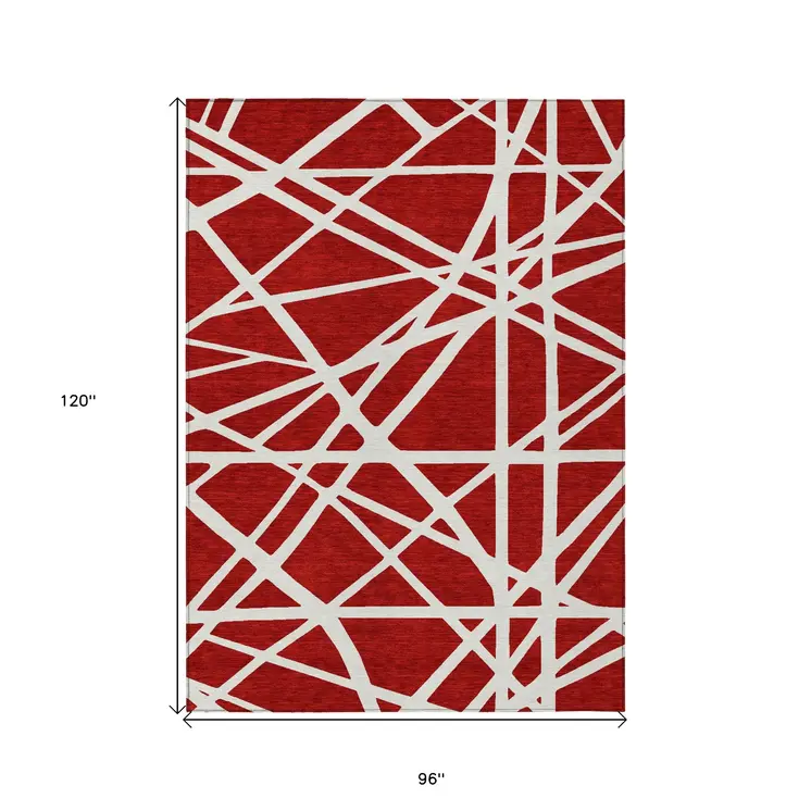 8' X 10' Red And Ivory Geometric Washable Indoor Outdoor Area Rug