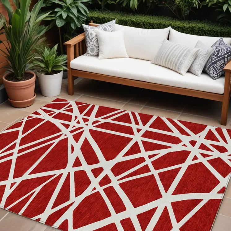 8' X 10' Red And Ivory Geometric Washable Indoor Outdoor Area Rug
