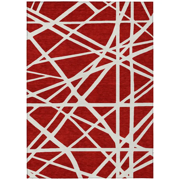 9' X 12' Red And Ivory Geometric Washable Indoor Outdoor Area Rug