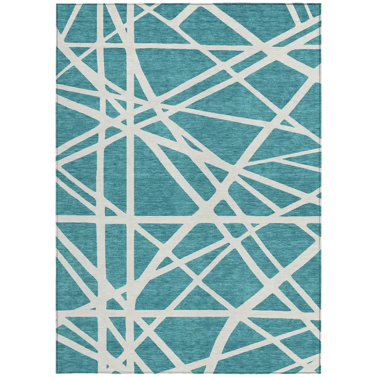 3' X 5' Teal Blue And Ivory Geometric Washable Indoor Outdoor Area Rug