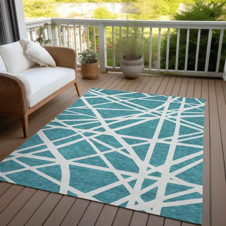 5' X 8' Teal Blue And Ivory Geometric Washable Indoor Outdoor Area Rug