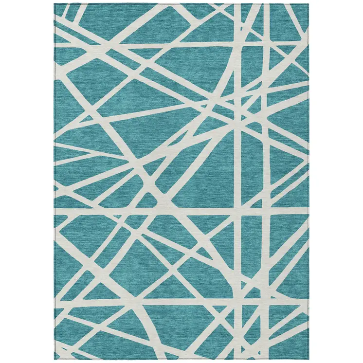 5' X 8' Teal Blue And Ivory Geometric Washable Indoor Outdoor Area Rug