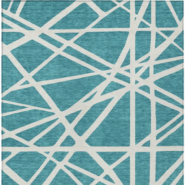 5' X 8' Teal Blue And Ivory Geometric Washable Indoor Outdoor Area Rug