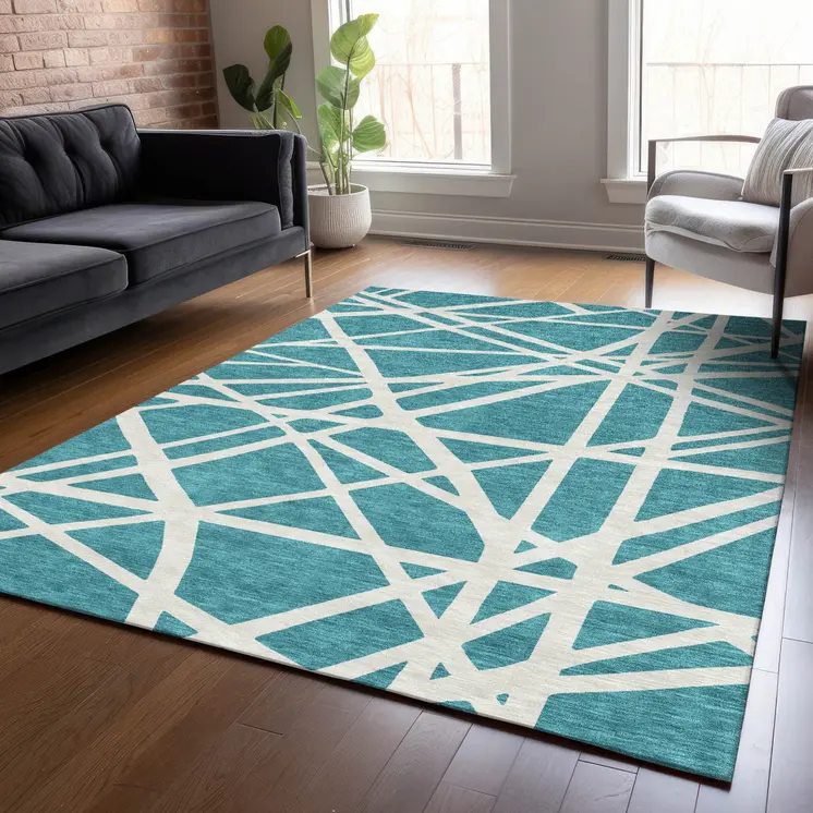 5' X 8' Teal Blue And Ivory Geometric Washable Indoor Outdoor Area Rug