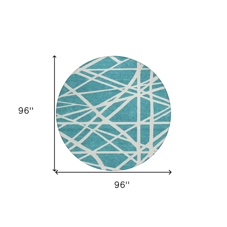 8' Teal Blue And Ivory Round Geometric Washable Indoor Outdoor Area Rug