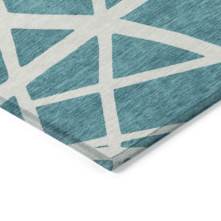 8' X 10' Teal Blue And Ivory Geometric Washable Indoor Outdoor Area Rug