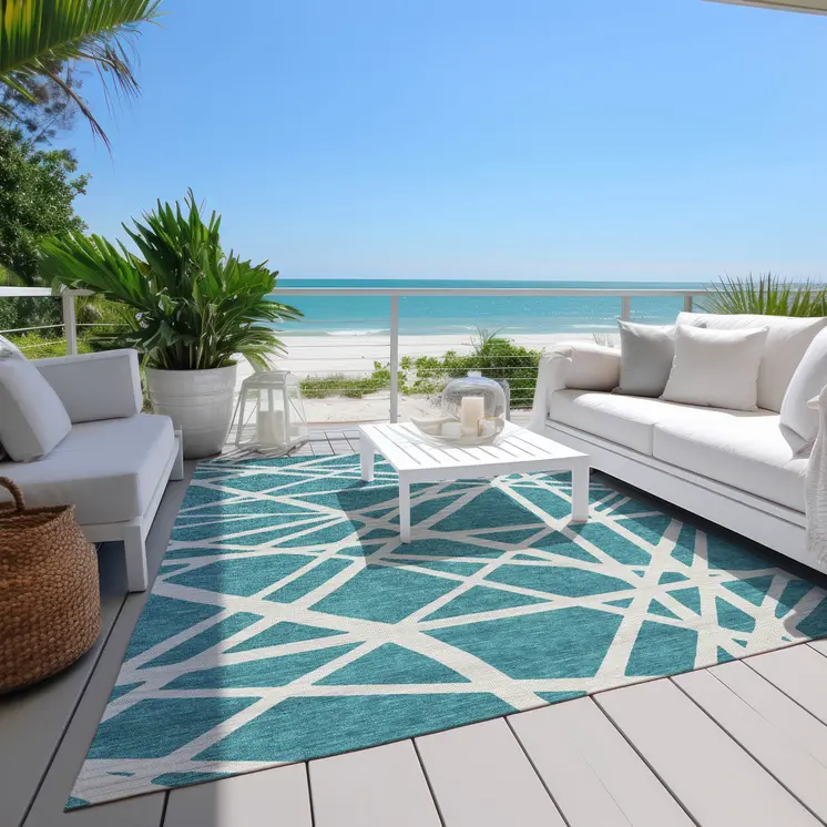 8' X 10' Teal Blue And Ivory Geometric Washable Indoor Outdoor Area Rug