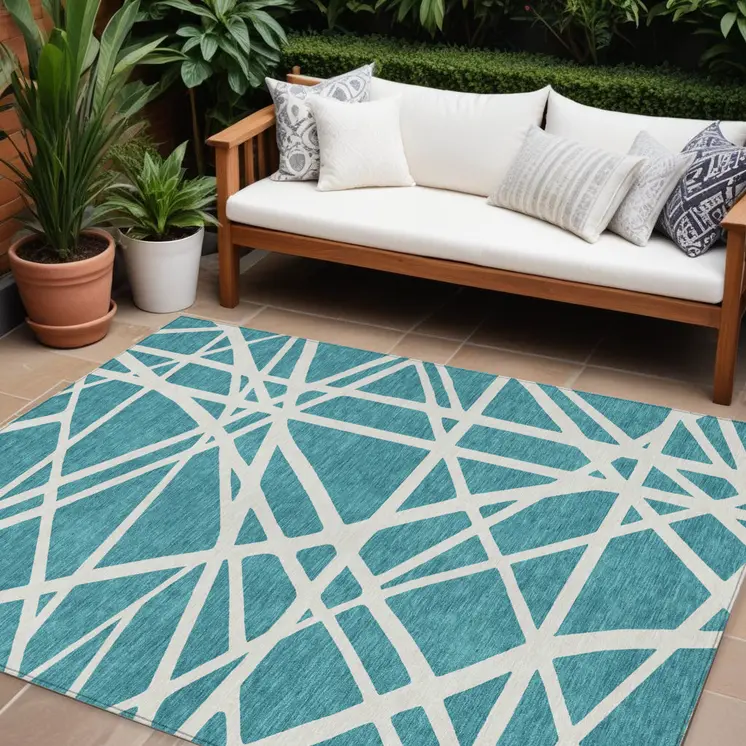 9' X 12' Teal Blue And Ivory Geometric Washable Indoor Outdoor Area Rug