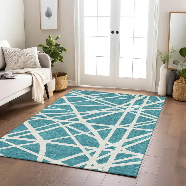 9' X 12' Teal Blue And Ivory Geometric Washable Indoor Outdoor Area Rug