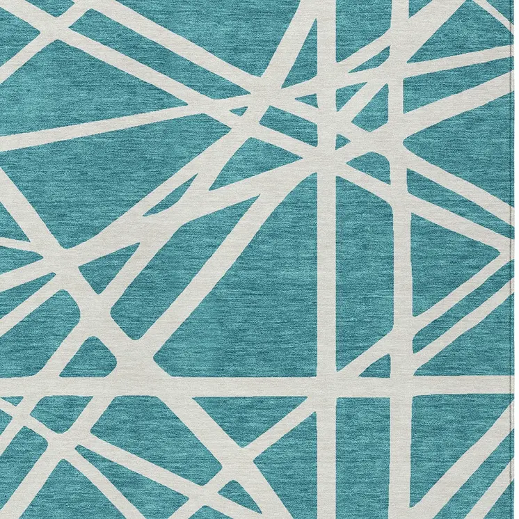10' X 14' Teal Blue And Ivory Geometric Washable Indoor Outdoor Area Rug