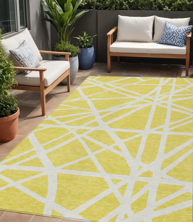 5' X 8' Yellow And Linen Geometric Washable Indoor Outdoor Area Rug