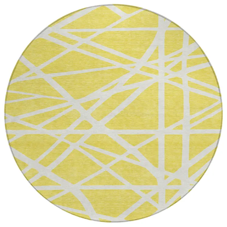 8' Yellow And Linen Round Geometric Washable Indoor Outdoor Area Rug