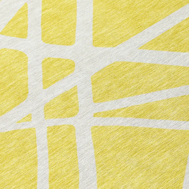 8' Yellow And Linen Round Geometric Washable Indoor Outdoor Area Rug