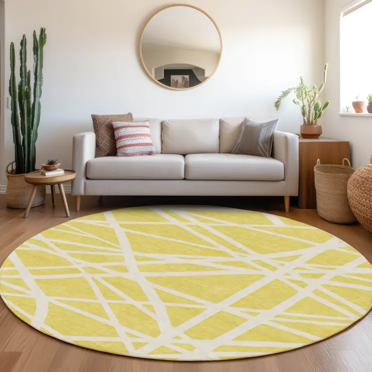 8' Yellow And Linen Round Geometric Washable Indoor Outdoor Area Rug