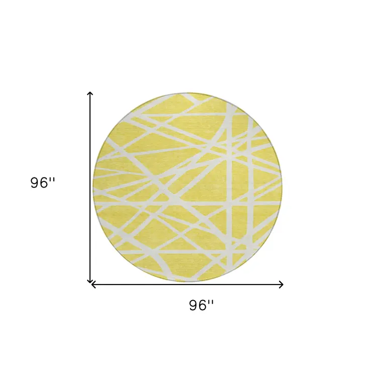 8' Yellow And Linen Round Geometric Washable Indoor Outdoor Area Rug